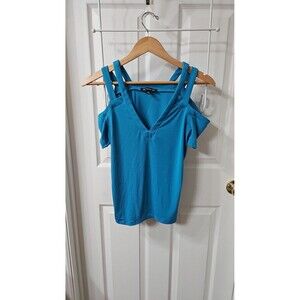 INC International Concepts Blue Cold Shoulder V-Neck Short Sleeve Top